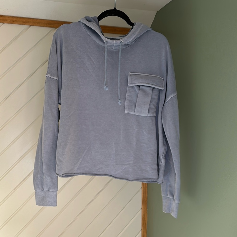 COPY - NWOT super soft cropped hoodie. Unfinished hem. Washed denim blue. Size …